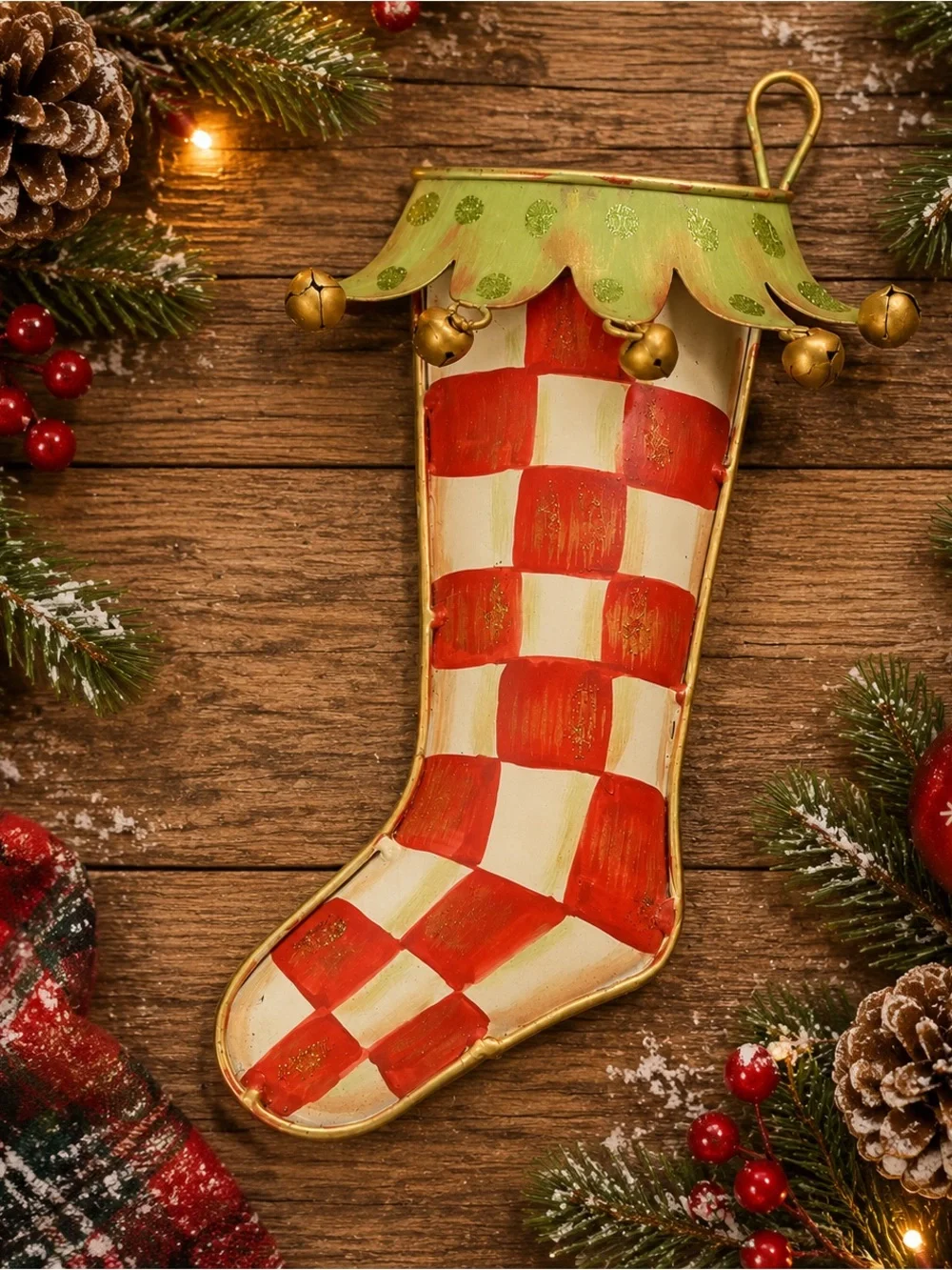 Festive Metal Red & Cream Checker Holiday Stocking with Bells Wall Decor 12”